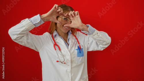 Woman doctor smiling over isolated red background with a stethoscope gestures a heart symbol while showing happiness and positivity