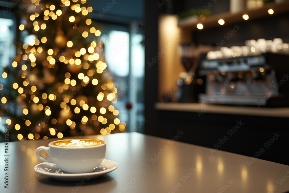 Close-up of a cup of coffee served in a decorated for Christmas coffee shop Close-up of a cup of coffee served in a decorated for Christmas coffee shop