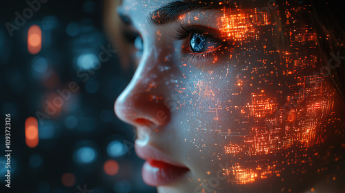 Close-up of a woman's face illuminated by dynamic digital patterns in a futuristic setting, showcasing technology and emotion. Generative AI photo