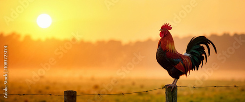 Rooster crowing on fence at misty sunrise, new beginnings
