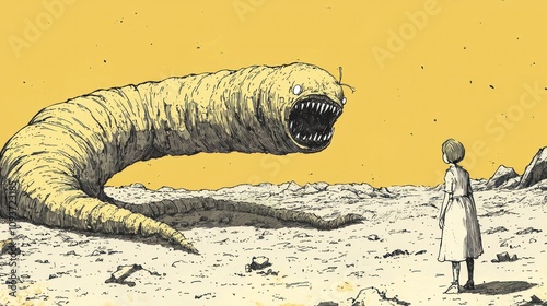 A young girl faces off against a monstrous worm creature in a desolate wasteland. The creature has sharp teeth and a menacing expression. The girl stands tall and defiant, her eyes wide with fear.