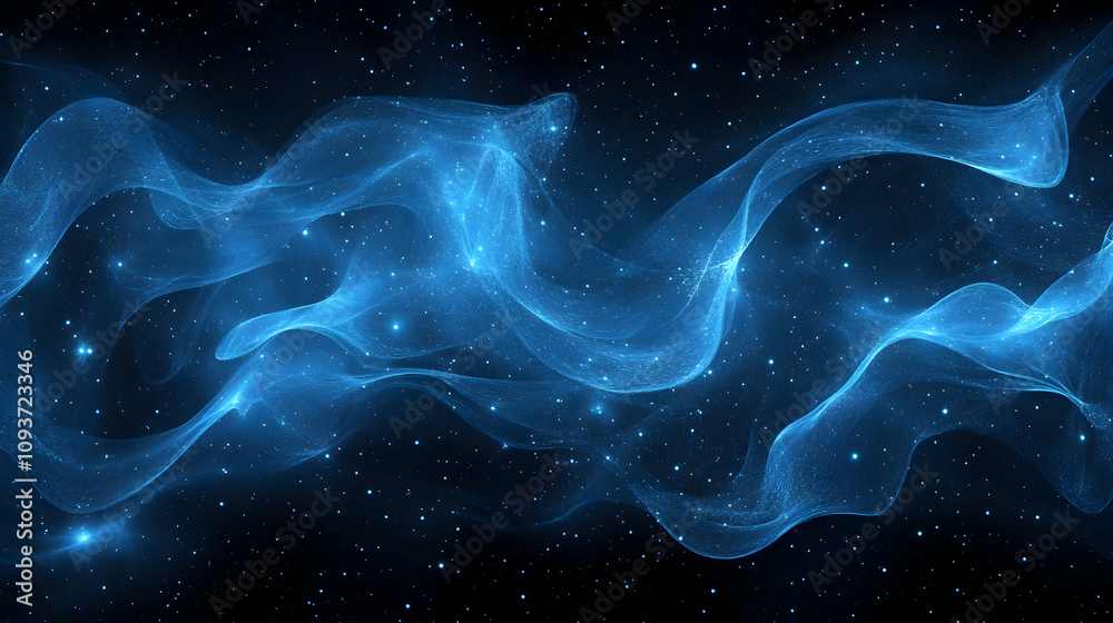 Ethereal Blue Waves of Light Flowing Through a Starry Universe, Capturing the Mystique of Cosmic Energy and Celestial Beauty in an Expansive Dark Background