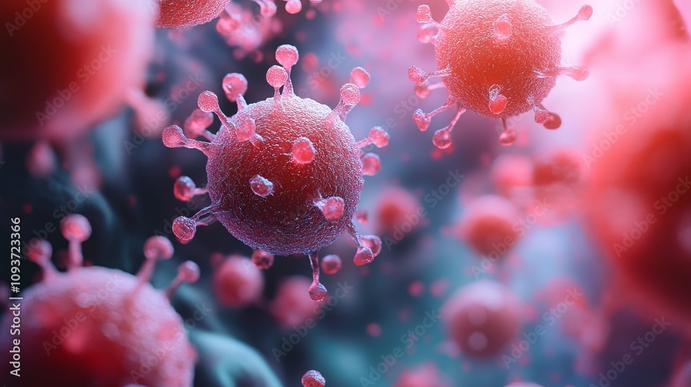 Close-up depiction of microscopic virus particles, highlighting the intricate structure and menacing presence, symbolizing biological threats and health challenges. Close-up depiction of microscopic virus particles, highlighting the intricate structure and menacing presence, symbolizing biological threats and health challenges.