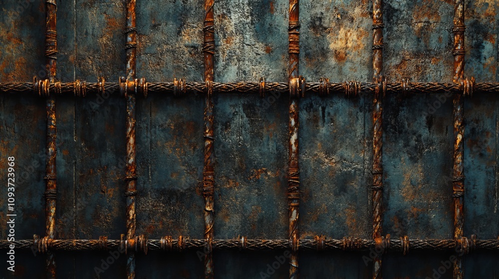 Industrial backdrop featuring rebar with a textured, rusty surface, used to reinforce concrete during pouring. These steel reinforcement bars are essential for construction projects Industrial backdrop featuring rebar with a textured, rusty surface, used to reinforce concrete during pouring. These steel reinforcement bars are essential for construction projects