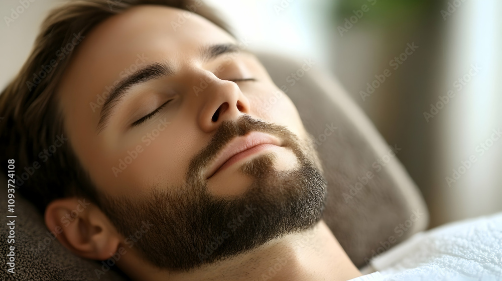 Relaxed young man with a beard lying on a comfortable surface with closed eyes, embodying tranquility and self-care in a serene indoor environment. Relaxed young man with a beard lying on a comfortable surface with closed eyes, embodying tranquility and self-care in a serene indoor environment.