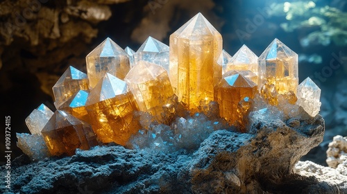 Vibrant amber crystals in sunlit cave setting photo