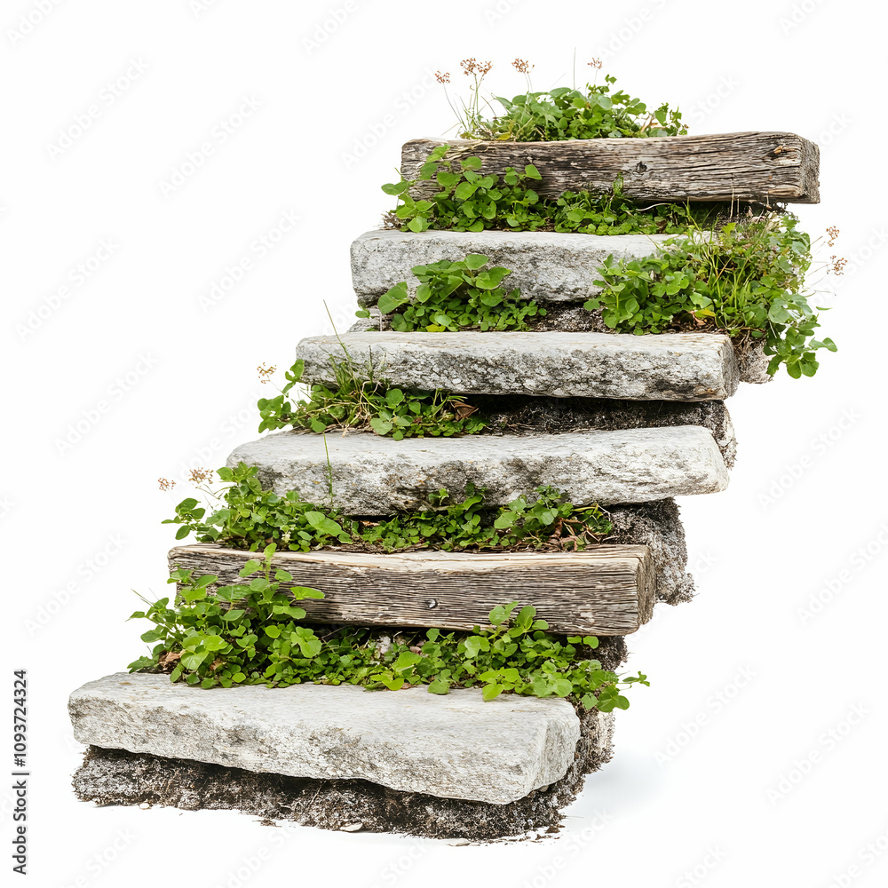 Natural Garden Steps with Stone and Wood Featuring Lush Green Plants, Flowers, and Moss in a Bright White Setting for Eco-Friendly Landscape Design Natural Garden Steps with Stone and Wood Featuring Lush Green Plants, Flowers, and Moss in a Bright White Setting for Eco-Friendly Landscape Design