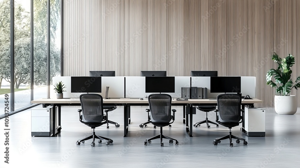 Modern open-plan offices boast a sleek and efficient design. Rows of individual workstations with computers and ergonomic chairs are neatly organized Modern open-plan offices boast a sleek and efficient design. Rows of individual workstations with computers and ergonomic chairs are neatly organized