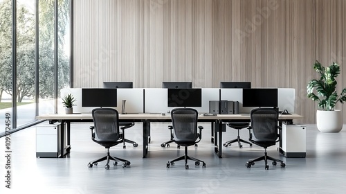 Modern open-plan offices boast a sleek and efficient design. Rows of individual workstations with computers and ergonomic chairs are neatly organized