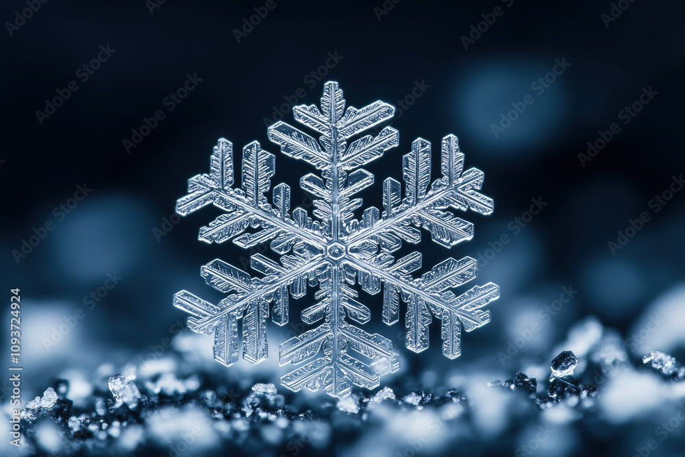 Detailed snowflake in macro view on a dark background Detailed snowflake in macro view on a dark background