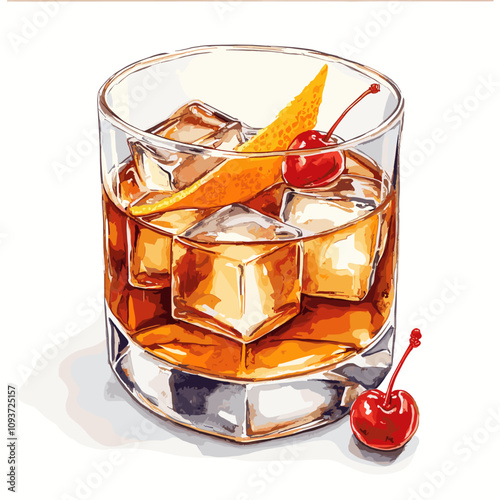 Old Fashioned cocktail whiskey on rocks glass with a Cherry and orange peel on ice cubes watercolor vector illustration isolated on white background