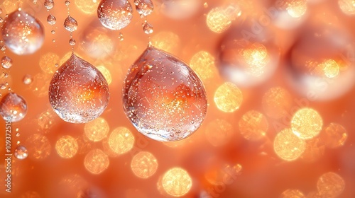 Glowing water droplets against a vibrant orange bokeh background photo