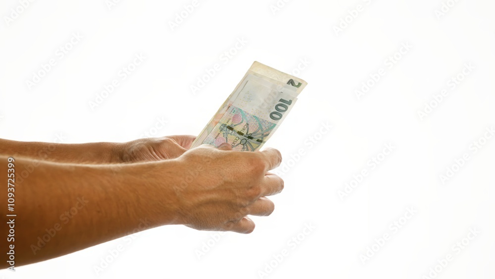 Closeup hands holding czech koruna banknotes over isolated white background. Closeup hands holding czech koruna banknotes over isolated white background.
