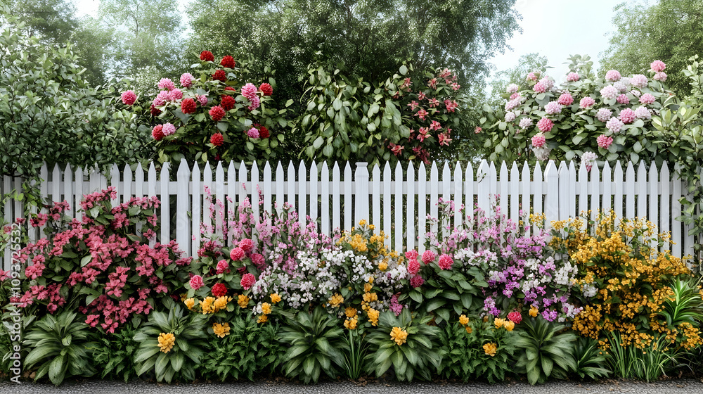 Vibrant Garden with Colorful Flowers Blooming Against a White Picket Fence Surrounded by Lush Greenery and Trees Offering a Serene Outdoor Atmosphere Vibrant Garden with Colorful Flowers Blooming Against a White Picket Fence Surrounded by Lush Greenery and Trees Offering a Serene Outdoor Atmosphere