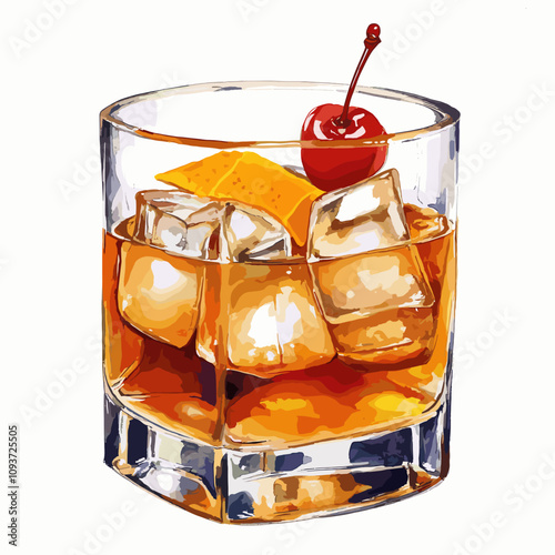 Old Fashioned cocktail whiskey on rocks glass with a Cherry and orange peel on ice cubes watercolor vector illustration isolated on white background