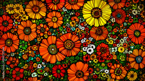 Vibrant Floral Pattern Design Featuring a Rich Array of Colorful Flowers and Lush Greenery, Perfect for Backgrounds, Textiles, and Artistic Projects