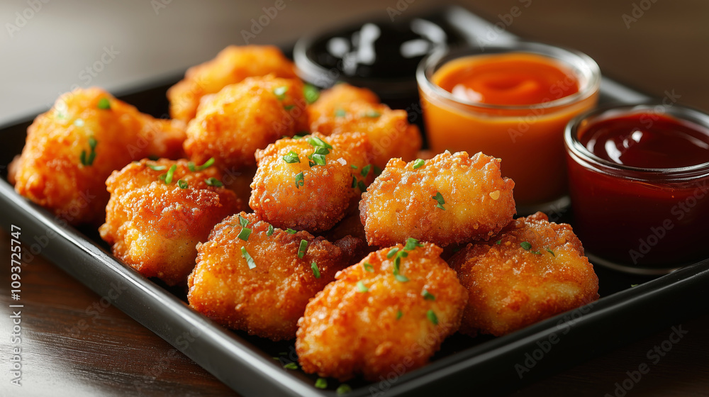 Breaded cheese balls with dipping sauces on black tray