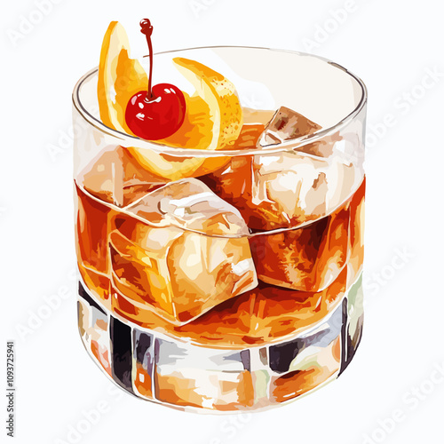 Old Fashioned cocktail whiskey on rocks glass with a Cherry and orange peel on ice cubes watercolor vector illustration isolated on white background