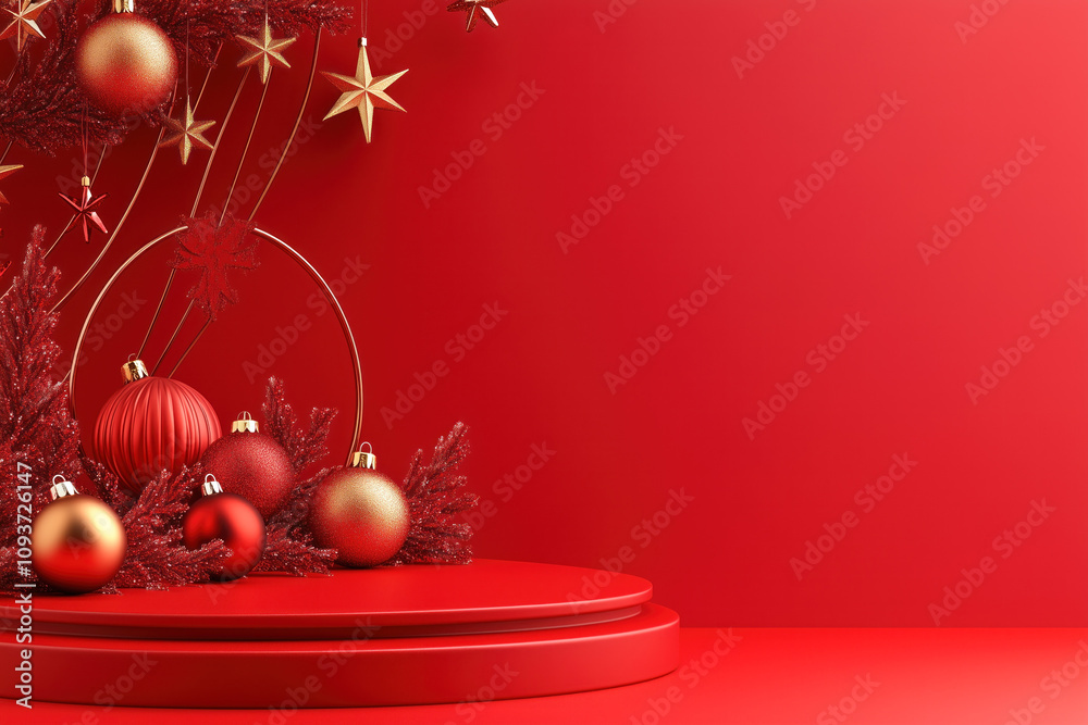 Red podium with golden stars and Christmas baubles Red podium with golden stars and Christmas baubles