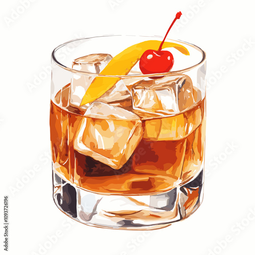 Old Fashioned cocktail whiskey on rocks glass with a Cherry and orange peel on ice cubes watercolor vector illustration isolated on white background