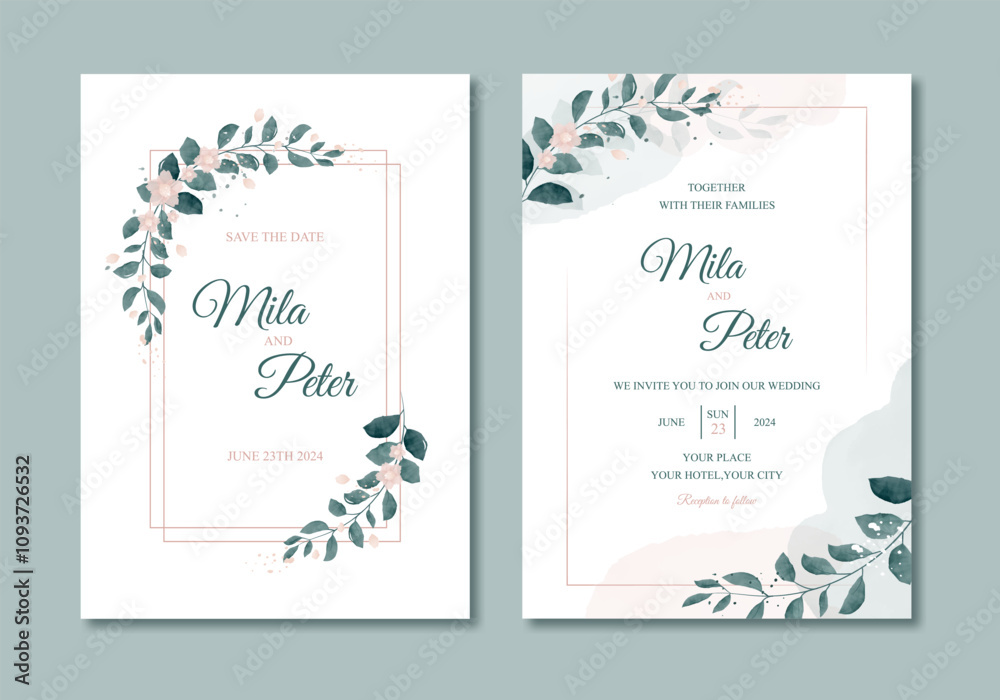 Wedding invitation card template with green watercolour leaves.Green botanical style background. Wedding invitation card template with green watercolour leaves.Green botanical style background.