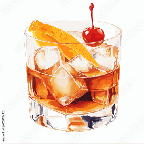 Old Fashioned cocktail whiskey on rocks glass with a Cherry and orange peel on ice cubes watercolor vector illustration isolated on white background