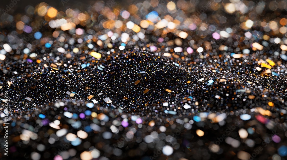 Abstract background with blurred colorful glitter on black surface. Concept of celebration, festivity, and joy Abstract background with blurred colorful glitter on black surface. Concept of celebration, festivity, and joy