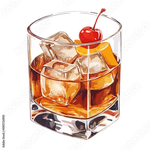 Old Fashioned cocktail whiskey on rocks glass with a Cherry and orange peel on ice cubes watercolor vector illustration isolated on white background
