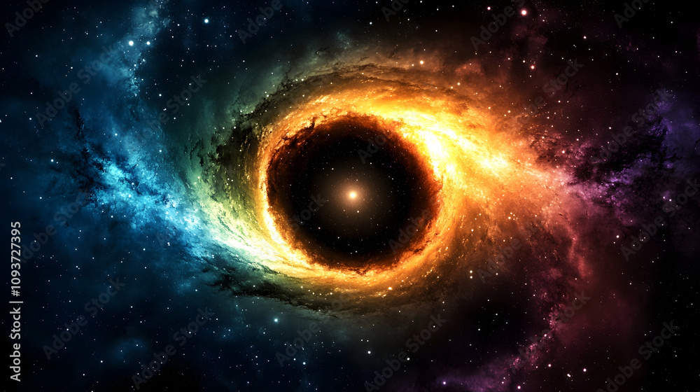 Obraz premium Stunning Cosmic Black Hole Surrounded by Vibrant Nebulae, Stars, and Colors in the Depths of Space Creating a Visual Masterpiece of Galactic Beauty