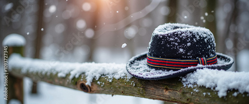 Snow-covered fedora hat on wooden railing in winter forest