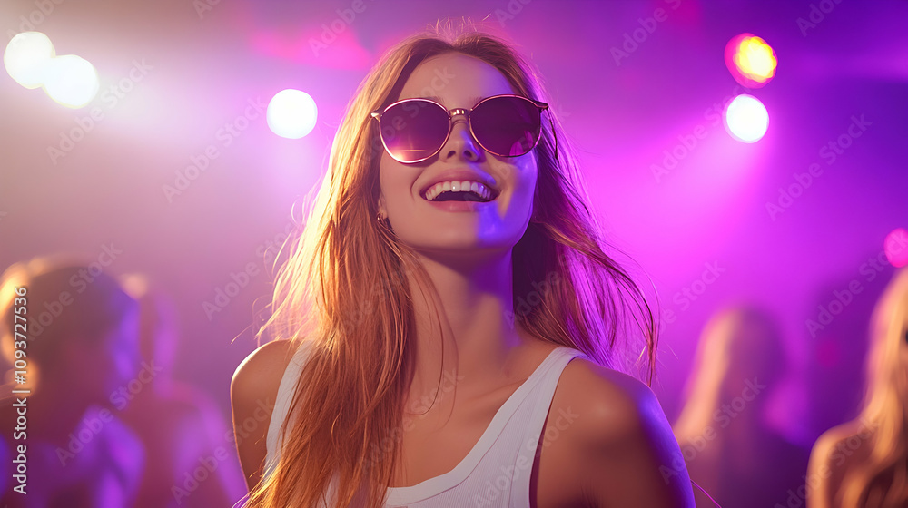 Joyful young woman in stylish sunglasses enjoying a vibrant night club atmosphere with colorful lights and a party mood captured in an energetic moment Joyful young woman in stylish sunglasses enjoying a vibrant night club atmosphere with colorful lights and a party mood captured in an energetic moment