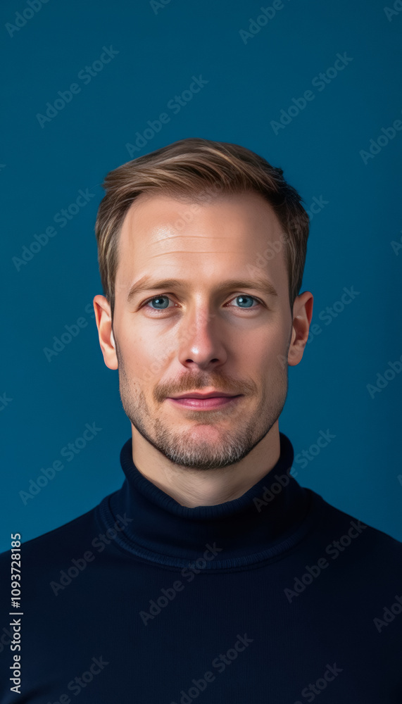 Fototapeta premium Man with Light Brown Hair in Dark Blue Turtleneck Sweater on Solid Blue Background