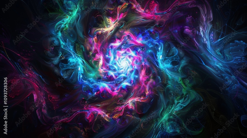 Obraz premium Celestial neon swirls on a dark backdrop, Centralized white space for text