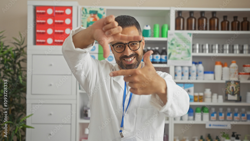 A cheerful hispanic pharmacist frames his face with his hands in a well-stocked, bright drugstore. A cheerful hispanic pharmacist frames his face with his hands in a well-stocked, bright drugstore.
