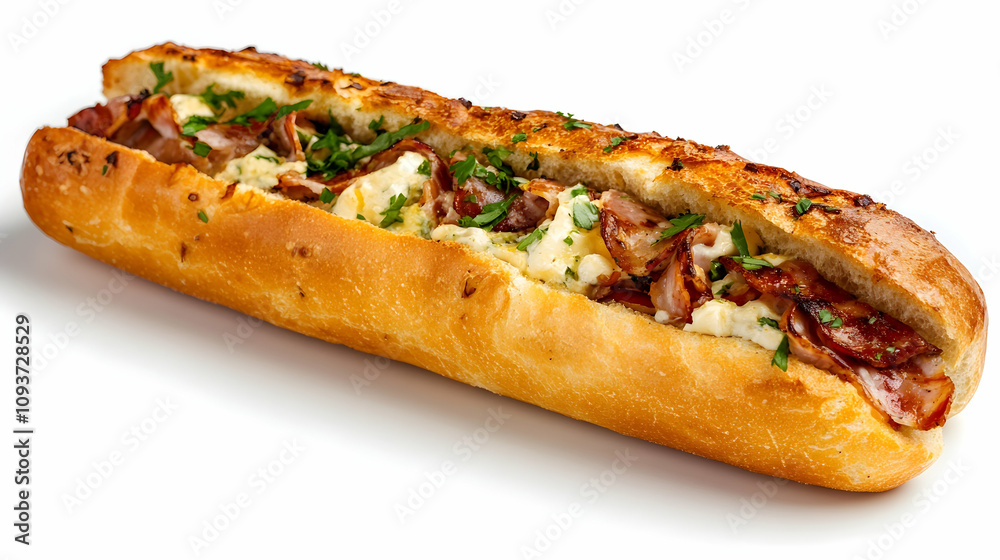 Delicious Bacon and Egg Breakfast Sandwich on a Crisp Artisan Baguette with Fresh Parsley Garnish for a Perfect Morning Meal Delicious Bacon and Egg Breakfast Sandwich on a Crisp Artisan Baguette with Fresh Parsley Garnish for a Perfect Morning Meal