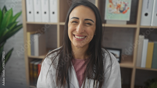 A smiling hispanic woman in a white lab coat poses indoors at a clinic, giving a feeling of professionalism and warmth.