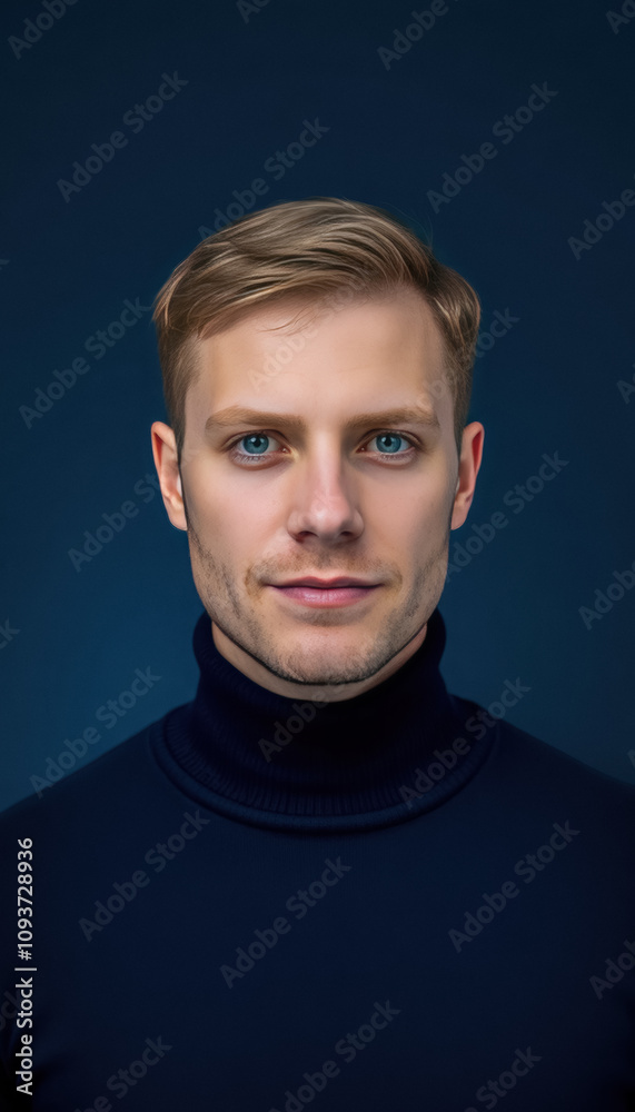 Obraz premium Man with Light Brown Hair in Dark Blue Turtleneck Sweater on Solid Blue Background