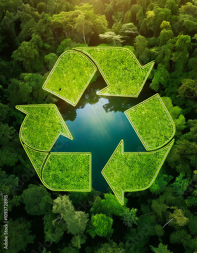 Abstract icon representing the ecological call to recycle and reuse in the form of a pond with a recycling symbol in the middle of a beautiful untouched jungle. 3d rendering photo