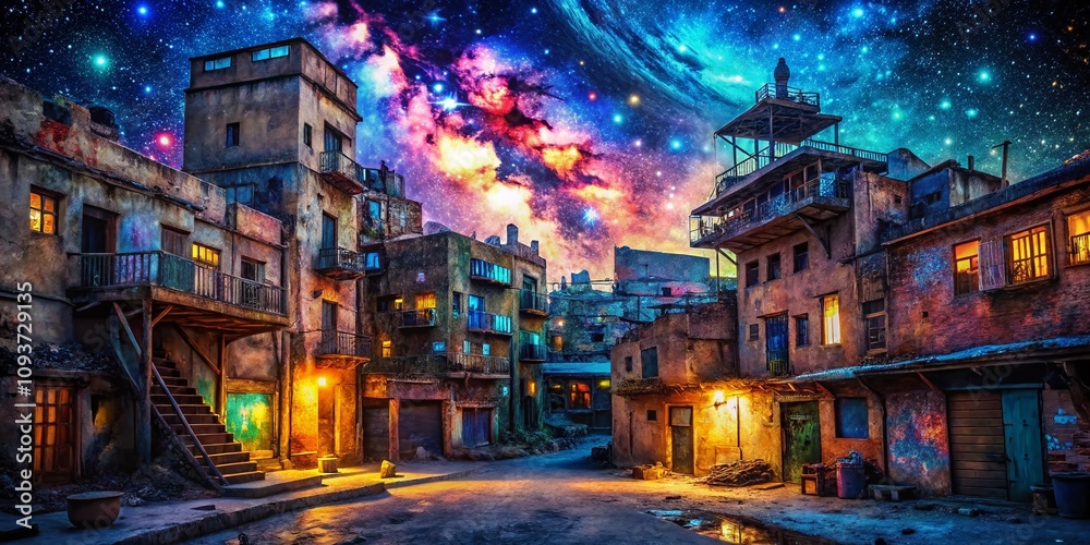 Urban Exploration Photography Featuring Animated Stars Over Abandoned Buildings and Cityscapes in a Dreamlike Night Sky with a Touch of Neon Light and Street Art Urban Exploration Photography Featuring Animated Stars Over Abandoned Buildings and Cityscapes in a Dreamlike Night Sky with a Touch of Neon Light and Street Art
