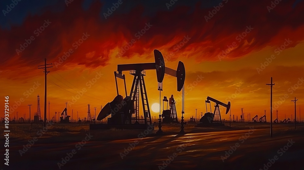 Silhouettes of oil pumps stand tall against a vibrant sunset sky, their presence symbolizing the extraction of crude oil from the Earth's depths Silhouettes of oil pumps stand tall against a vibrant sunset sky, their presence symbolizing the extraction of crude oil from the Earth's depths