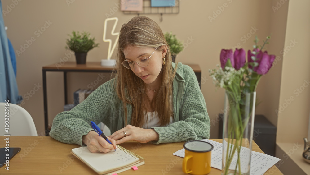 A young blonde woman writes in a notebook at home, surrounded by homey details like a coffee mug and flowers. A young blonde woman writes in a notebook at home, surrounded by homey details like a coffee mug and flowers.