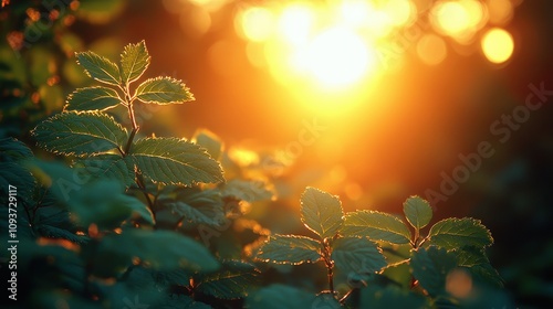 Sunlit leaves in a serene morning glow capturing nature's beauty photo