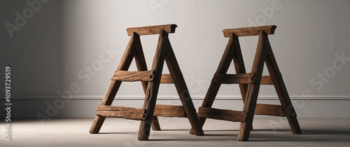 Two wooden sawhorses standing in a well-lit room with a minimalist design