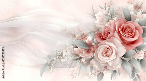 Elegant Rose Arrangement with Soft Flowing Fabric Background Ideal for Weddings, Invitations, and Romantic Occasions Featuring Delicate Floral Accents and Pale Tones