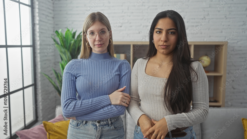 Two women standing together in a modern living room looking confident and friendly. Two women standing together in a modern living room looking confident and friendly.