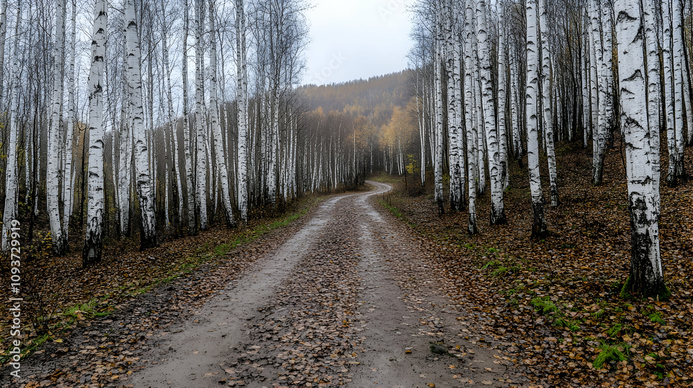 Serene Winding Path through Birch Trees in Autumn Landscape with Dropping Leaves and Overcast Sky in a Tranquil Forest Setting Serene Winding Path through Birch Trees in Autumn Landscape with Dropping Leaves and Overcast Sky in a Tranquil Forest Setting