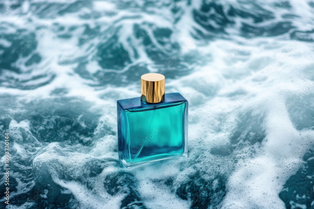 a glass perfume bottle made of dark blue, on the background of a ocean during a storm a glass perfume bottle made of dark blue, on the background of a ocean during a storm