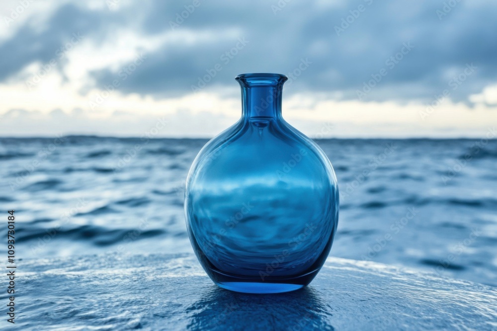 a glass perfume bottle made of dark blue, on the background of a ocean during a storm a glass perfume bottle made of dark blue, on the background of a ocean during a storm