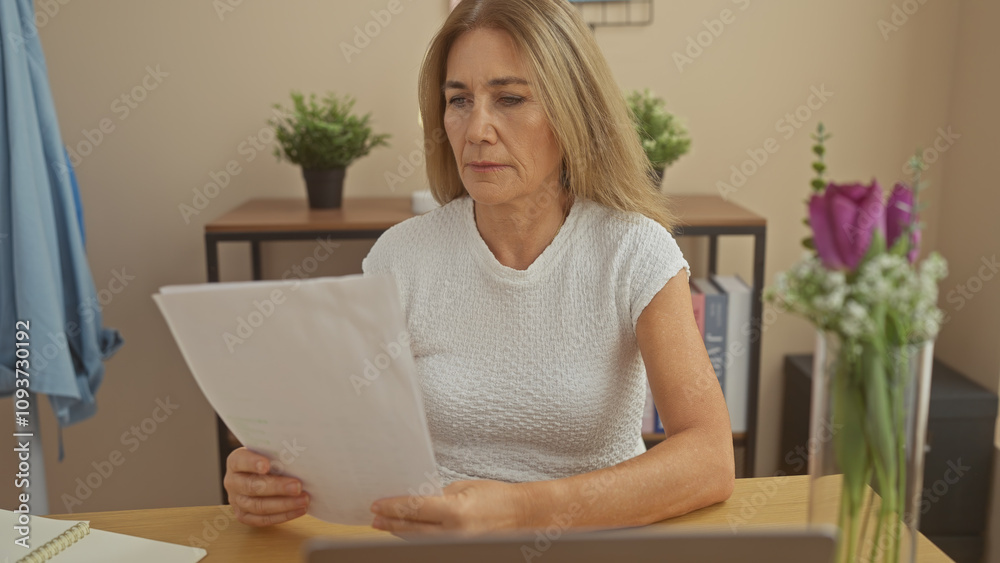 Mature woman reading document at home office with laptop, notepad, flowers, and decor in the background. Mature woman reading document at home office with laptop, notepad, flowers, and decor in the background.