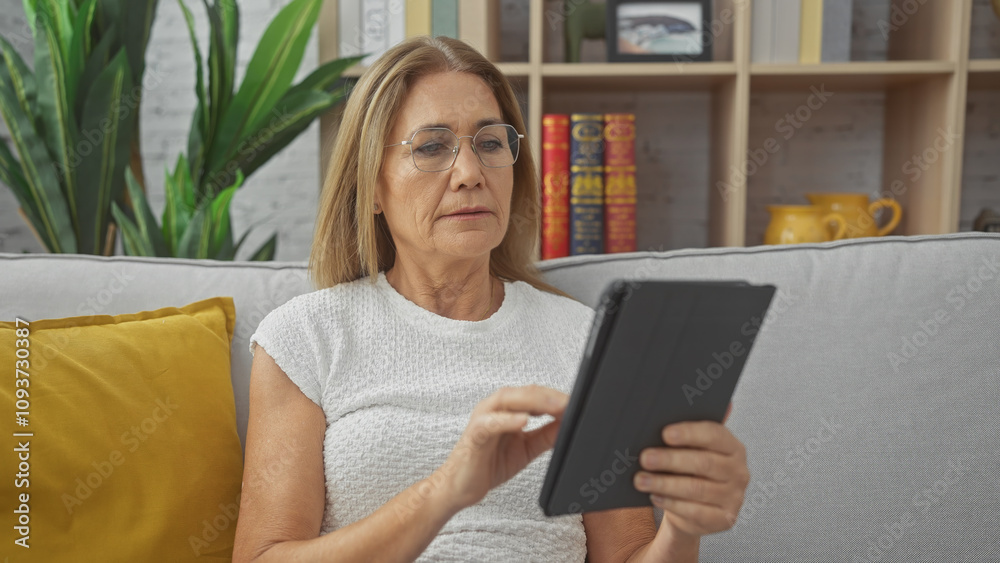 Mature woman reading tablet indoors couch living room glasses blonde caucasian home Mature woman reading tablet indoors couch living room glasses blonde caucasian home